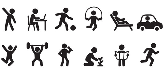 Naklejka premium Stickman silhouettes representing walking, running, resting, waiting, playing, and general daily human activities