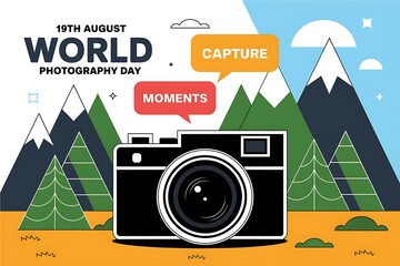 Obraz premium World photography day is celebrated with a camera and mountain scene