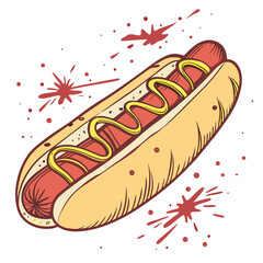 Hot dog with mustard and ketchup splatters sausage