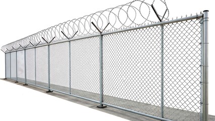 Fototapeta premium Chain link fence with barbed wire top isolated on a white background. AI GENERATED. 
