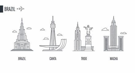 Line Art Illustration of Four Brazilian Landmarks: Tall Building, Tower, Statue, and Modern Complex