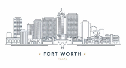 Fototapeta premium Linear Skyline Illustration of Fort Worth, Texas, Featuring Buildings, Bridge, and Longhorn Symbol