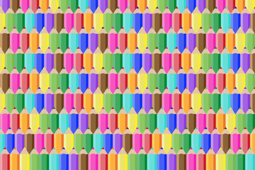 Repeating pattern of colorful colored pencils, arranged in rows and columns, used for various artistic purposes, such as drawing, coloring, and sketching.