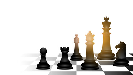 Chess pieces on chessboard design illustration, realistic vector of chess pieces, king, queen, bishop, knight, rook, and pawn with blank background copy space for replacement text