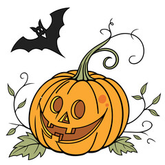 Smiling pumpkin with bat and vines halloween jack o lantern