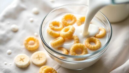 Creamy yogurt topped with crunchy cereal and fresh banana slices in a cozy kitchen setting
