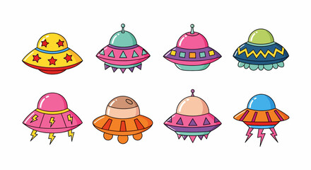 Colorful Cartoon UFOs in Various Vibrant Hues, Flat Design