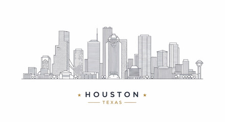 Naklejka premium Outline Drawing of Houston, Texas Skyline with Modern Skyscrapers