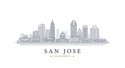 Obraz premium San Jose California Skyline Illustration with Buildings and Structures in Line Art
