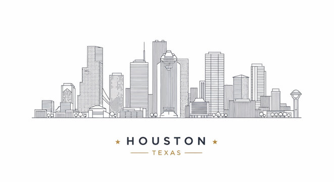 Outline Drawing of Houston, Texas Skyline with Modern Skyscrapers