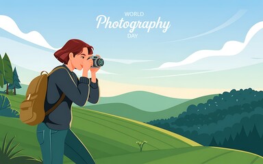A woman takes a photo of a mountain landscape for world photography day