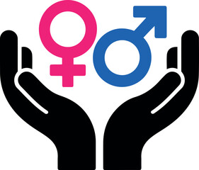 Hands holding gender symbols representing male and female equality and care