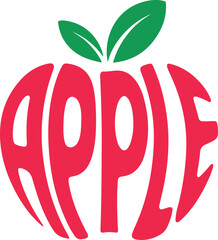 Red apple shape formed by the word apple with green leaves on top