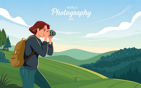 A woman takes a photo of a mountain landscape for world photography day