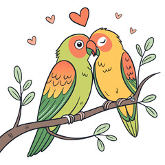 Two lovebirds kissing on a branch tree