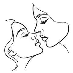 Two faces kissing in abstract line art black and white