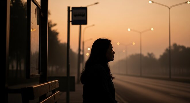 Woman stands at bus stop enveloped in morning mist and a beautiful golden sunrise glow. - Powered by Adobe