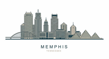 Naklejka premium Memphis Tennessee Skyline, Architectural Line Art, Cityscape, Bridge, Pyramids