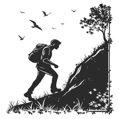 Hiker climbing mountain with backpack and birds flying