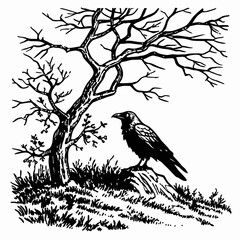 Black bird perched under bare tree crow raven