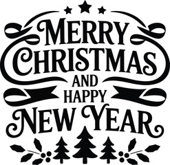 Naklejka premium Elegant Merry Christmas and Happy New Year Vector Design with Ribbon Stars and Christmas Trees Perfect for Holiday Greetings and Festive Decorations in Black and