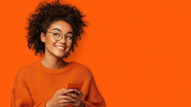 Happy young woman in eyeglasses using mobile phone isolated orange background with copyspace, for banner background