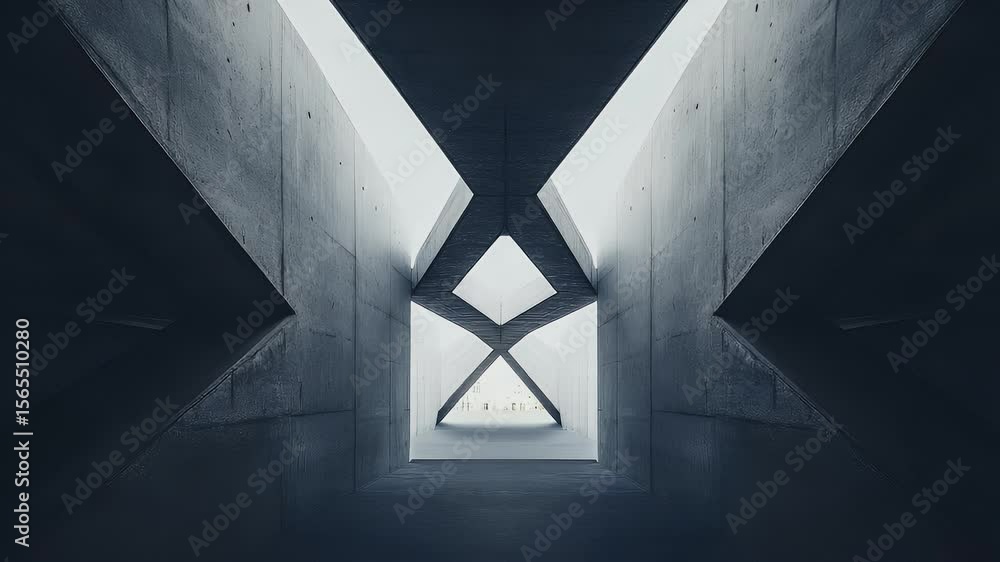 Poster architectural interior abstract perspective featuring angular concrete structures and dynamic light 