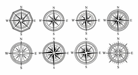 Eight Vintage-Style Compass Rose Illustrations: Octagonal, Circular, and Starburst Designs in Black Ink