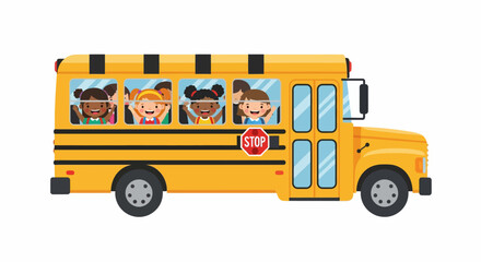 Yellow School Bus with Cheerful Children, Vector Illustration
