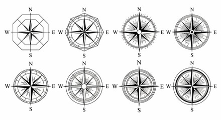 Vector Illustrations of Various Compass Rose Designs in Black and White