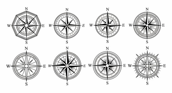 Eight Vintage-Style Compass Rose Illustrations: Octagonal, Circular, and Starburst Designs in Black Ink