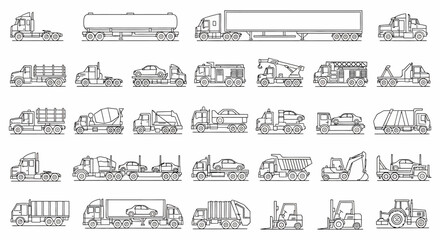 Obraz premium Collection of Outline Commercial Vehicles, Various Types and Configurations