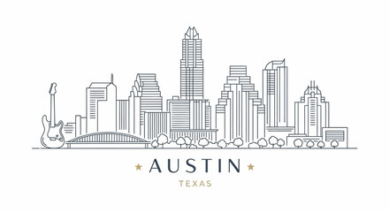 Line Art Illustration of Austin, Texas Skyline Featuring Electric Guitar