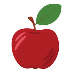Bright red apple with green leaf isolated on white background. Fresh, juicy fruit in flat vector style perfect for food illustrations, healthy eating designs, and autumn-themed visuals.
