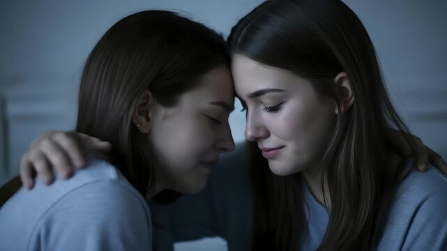 Twins comforting each other, foreheads touching, expressing care.  Sisterhood, family bonds, emotional support, mental health themes. Intimate moments, empathy, understanding in blue tone.