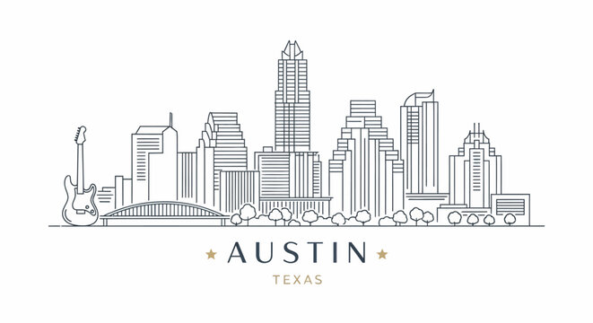 Line Art Illustration of Austin, Texas Skyline Featuring Electric Guitar