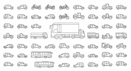 Outlined Transportation Vehicles: Cars, Trucks, Buses, and Motorcycles.