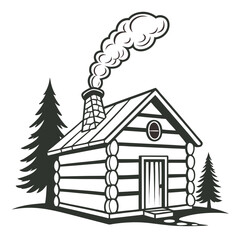 Cozy log cabin with smoke chimney trees