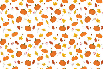Seamless vector pattern with pumpkins and autumn leaves in warm fall colors. Perfect for seasonal designs, wrapping paper, fabric prints, Thanksgiving decor, and harvest-themed projects.