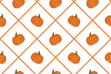 Seamless vector pattern Hand-drawn orange pumpkins Cute festive autumn Halloween background design Wrapping paper fabric seasonal decor fall-themed projects Diagonal grid Isolated background