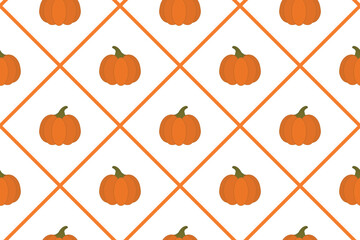 Seamless vector pattern Hand-drawn pumpkins Cute festive autumn Halloween background design perfect for wrapping paper, fabric, seasonal decor fall-themed projects Diagonal grid Isolated background