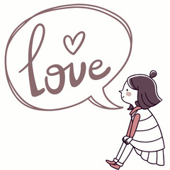 Girl thinking about love heart speech bubble