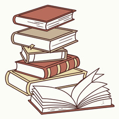 Stacked books with open pages reading literature