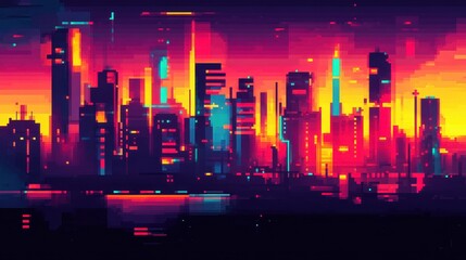 Pixelated cityscape at sunset.