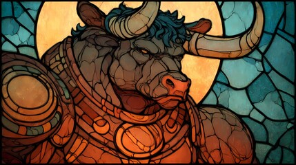 Close portrait of a horned minotaur, blending human and bull features with fierce and noble expression.