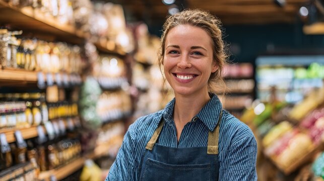 Portrait of smiling female staff standing in organic section of supermarket, no logos, no brands