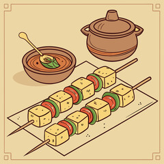 Indian Vegetarian Skewers with Paneer and Chutney Illustration