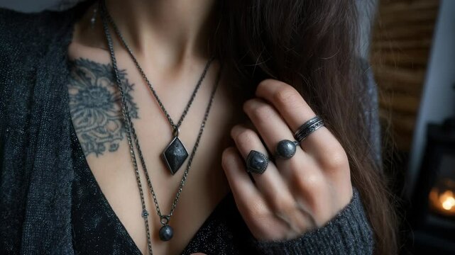 A woman with a tattoo on her shoulder, wearing a black dress and a grey cardigan, with jewellery: a necklace with a diamond pendant and rings with dark stones - Powered by Adobe