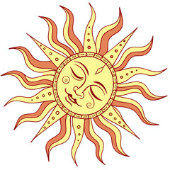 Stylized sun with face and rays drawing illustration