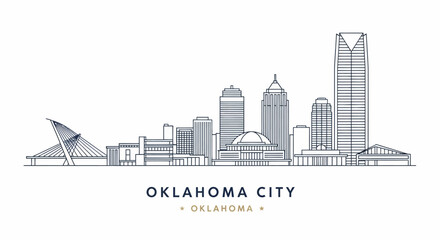 Naklejka premium Line Art Skyline of Oklahoma City, Oklahoma, USA, with Modern Architecture and Bridge